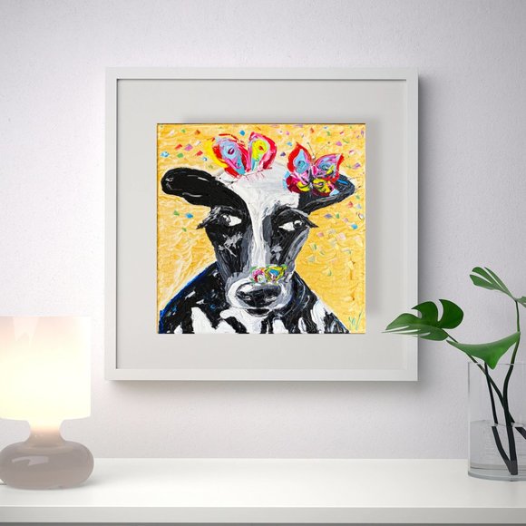 Cow Wall Art Butterflies Painting Original Canvas - Picture 3 of 13